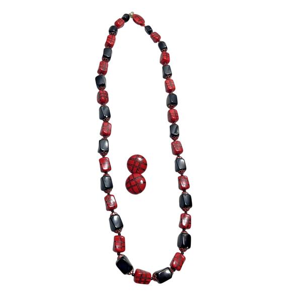 Unbranded Jewelry - MOD 1960s Red Black Necklace Earrings Set Festival
